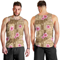 Beige Hawaii Hibiscus With Tropical Flowers Motifs Men Tank Top - Polynesian Pride