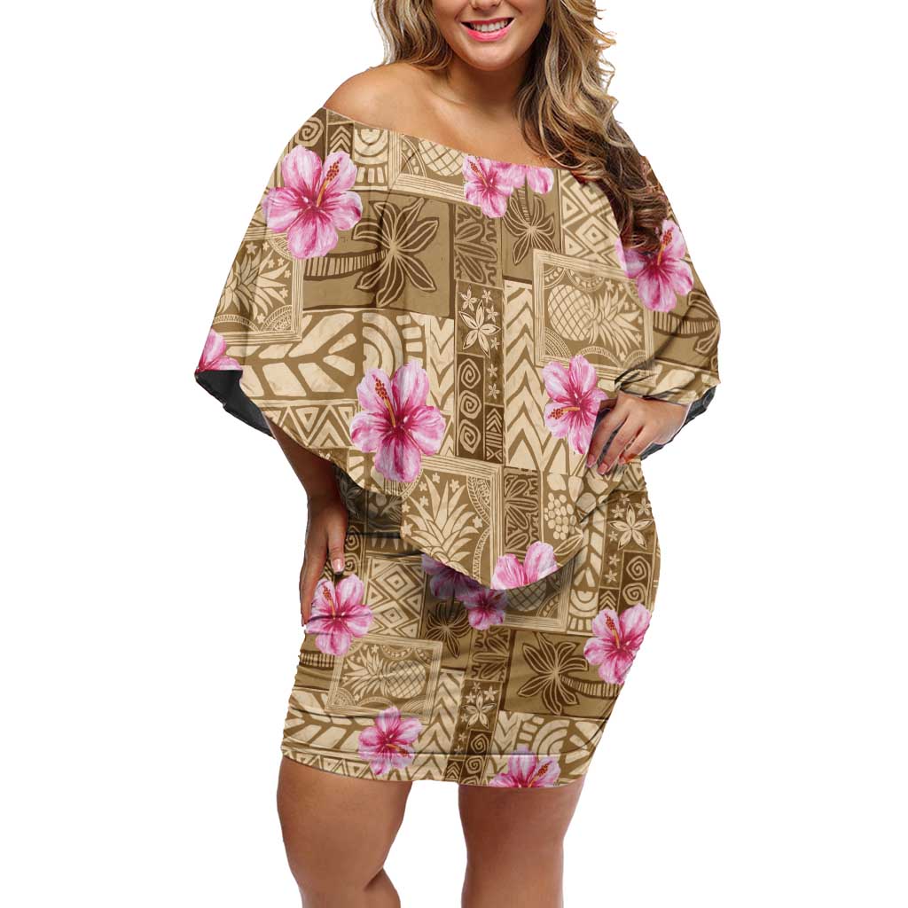 Beige Hawaii Hibiscus With Tropical Flowers Motifs Off Shoulder Short Dress - Polynesian Pride