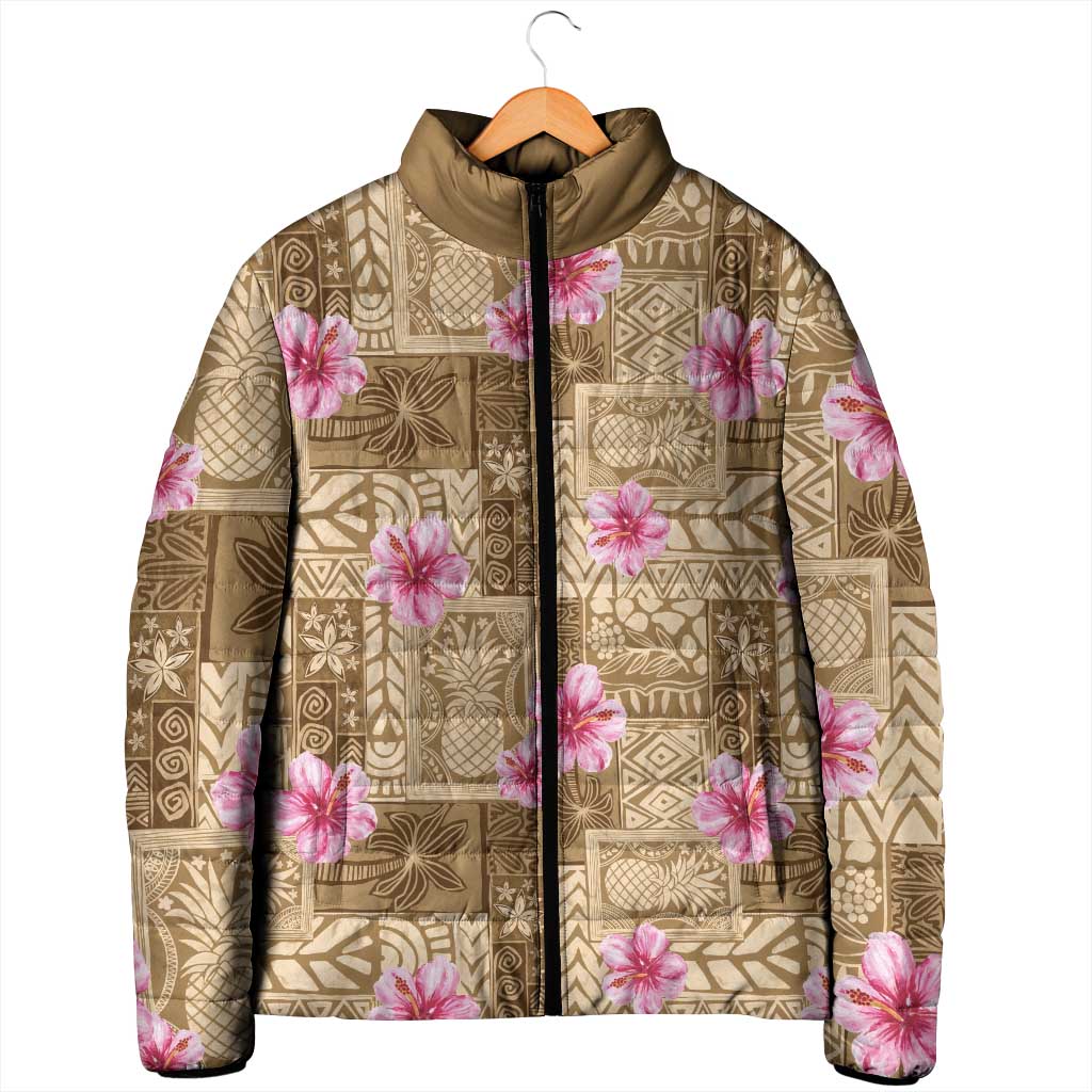 Beige Hawaii Hibiscus With Tropical Flowers Motifs Padded Jacket - Polynesian Pride