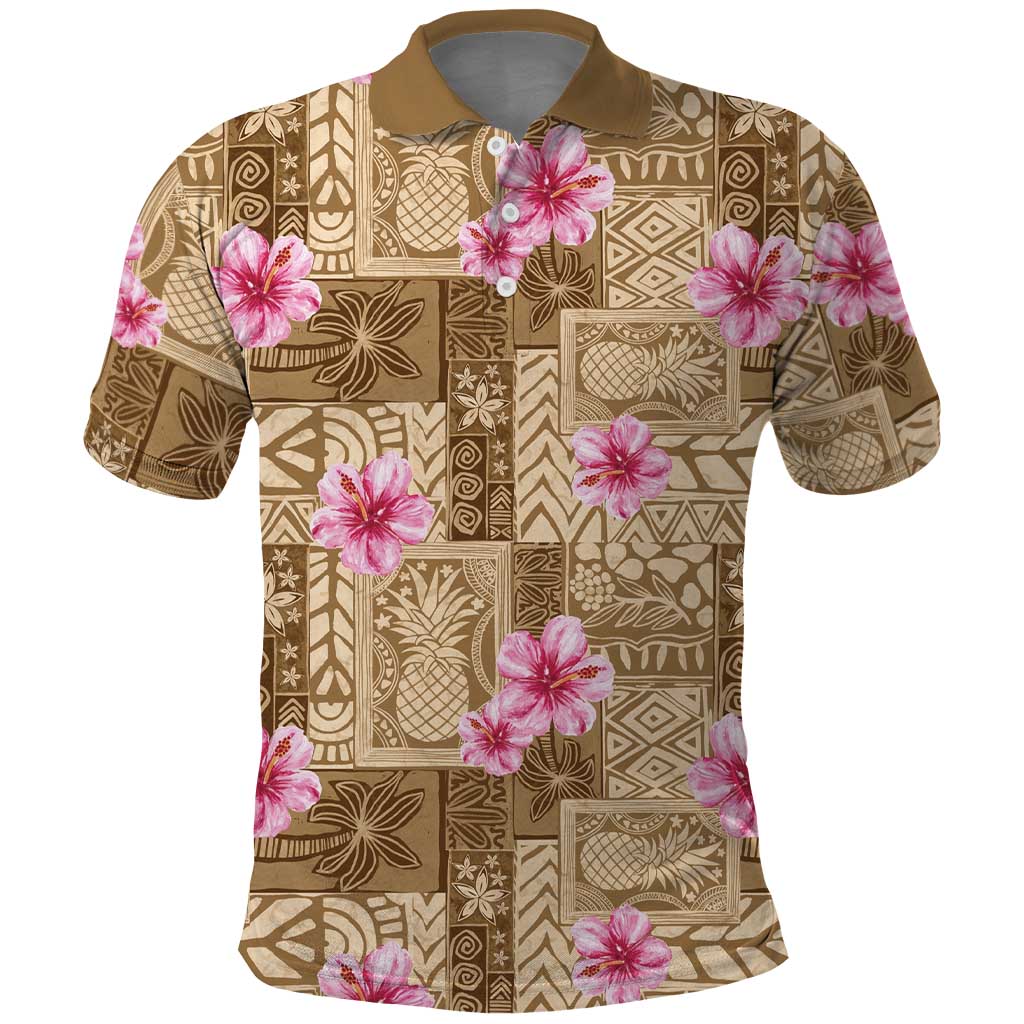 Beige Hawaii Hibiscus With Tropical Flowers Motifs Polo Shirt - Polynesian Pride