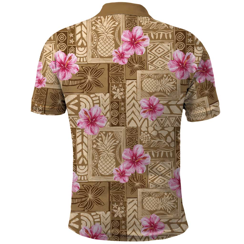 Beige Hawaii Hibiscus With Tropical Flowers Motifs Polo Shirt - Polynesian Pride