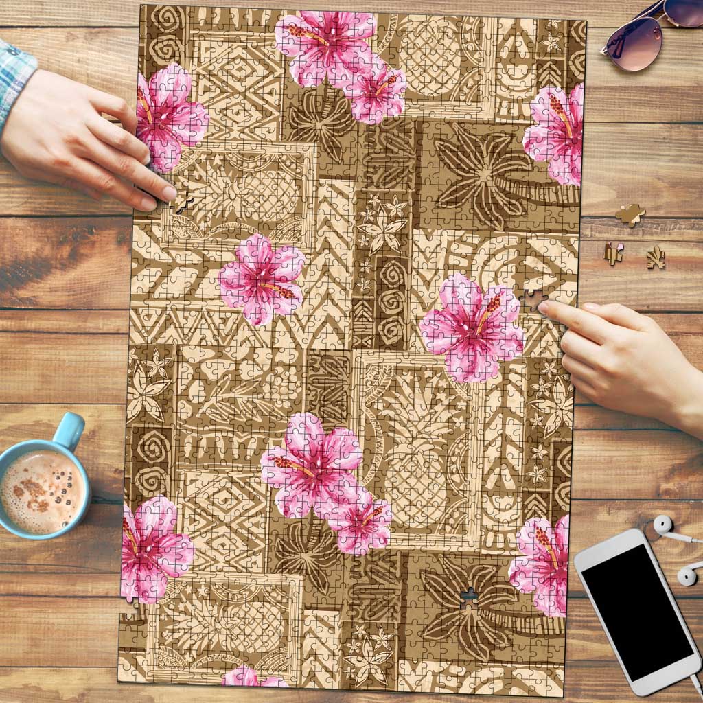 Beige Hawaii Hibiscus With Tropical Flowers Motifs Puzzle - Polynesian Pride