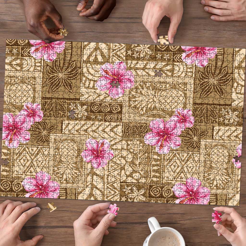 Beige Hawaii Hibiscus With Tropical Flowers Motifs Puzzle - Polynesian Pride