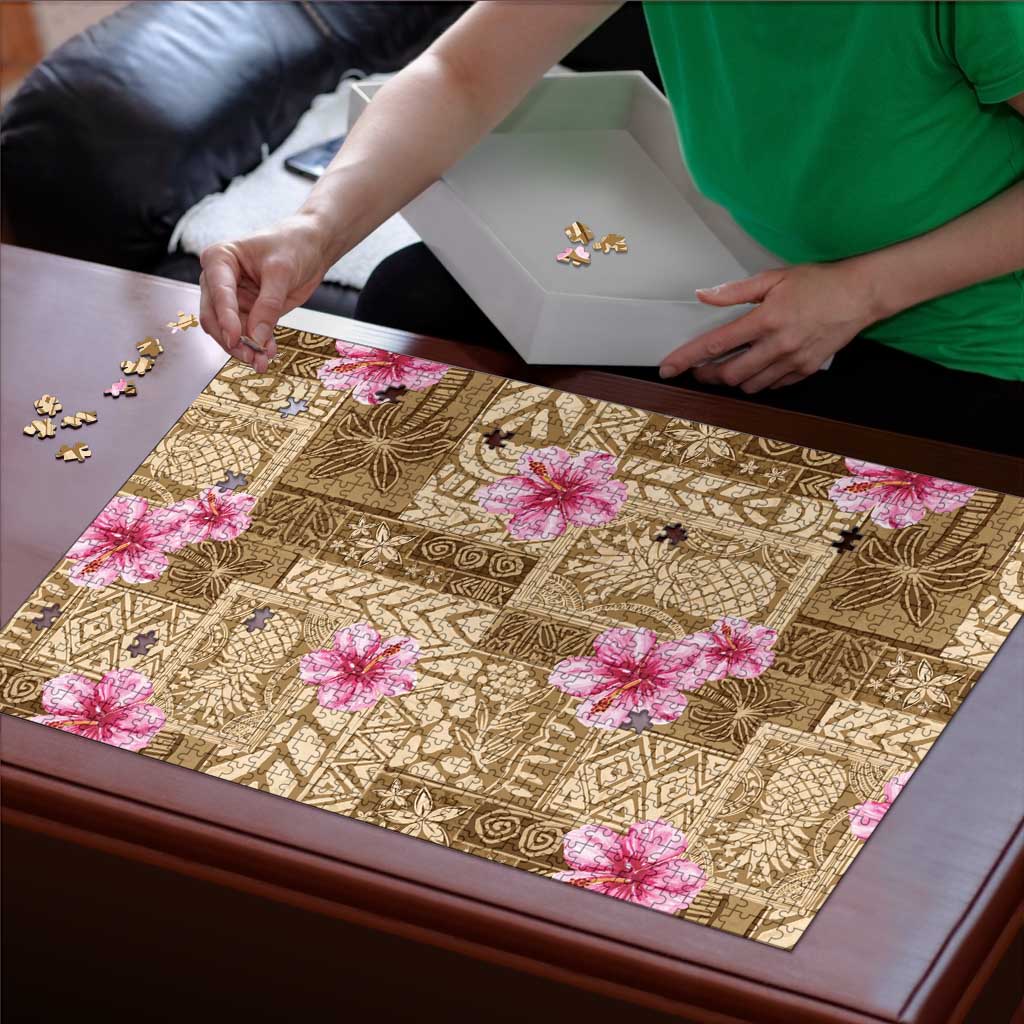 Beige Hawaii Hibiscus With Tropical Flowers Motifs Puzzle - Polynesian Pride