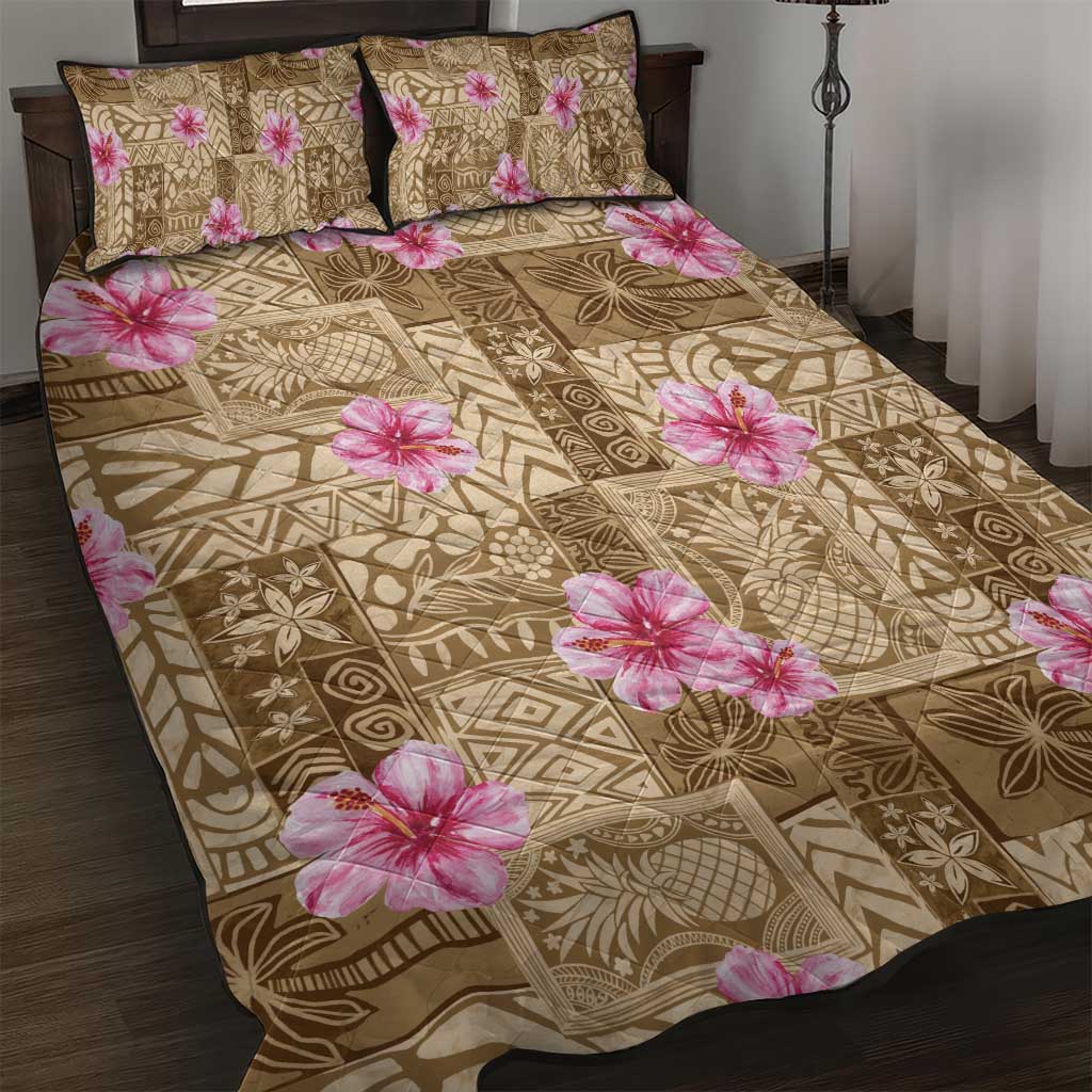 Beige Hawaii Hibiscus With Tropical Flowers Motifs Quilt Bed Set - Polynesian Pride