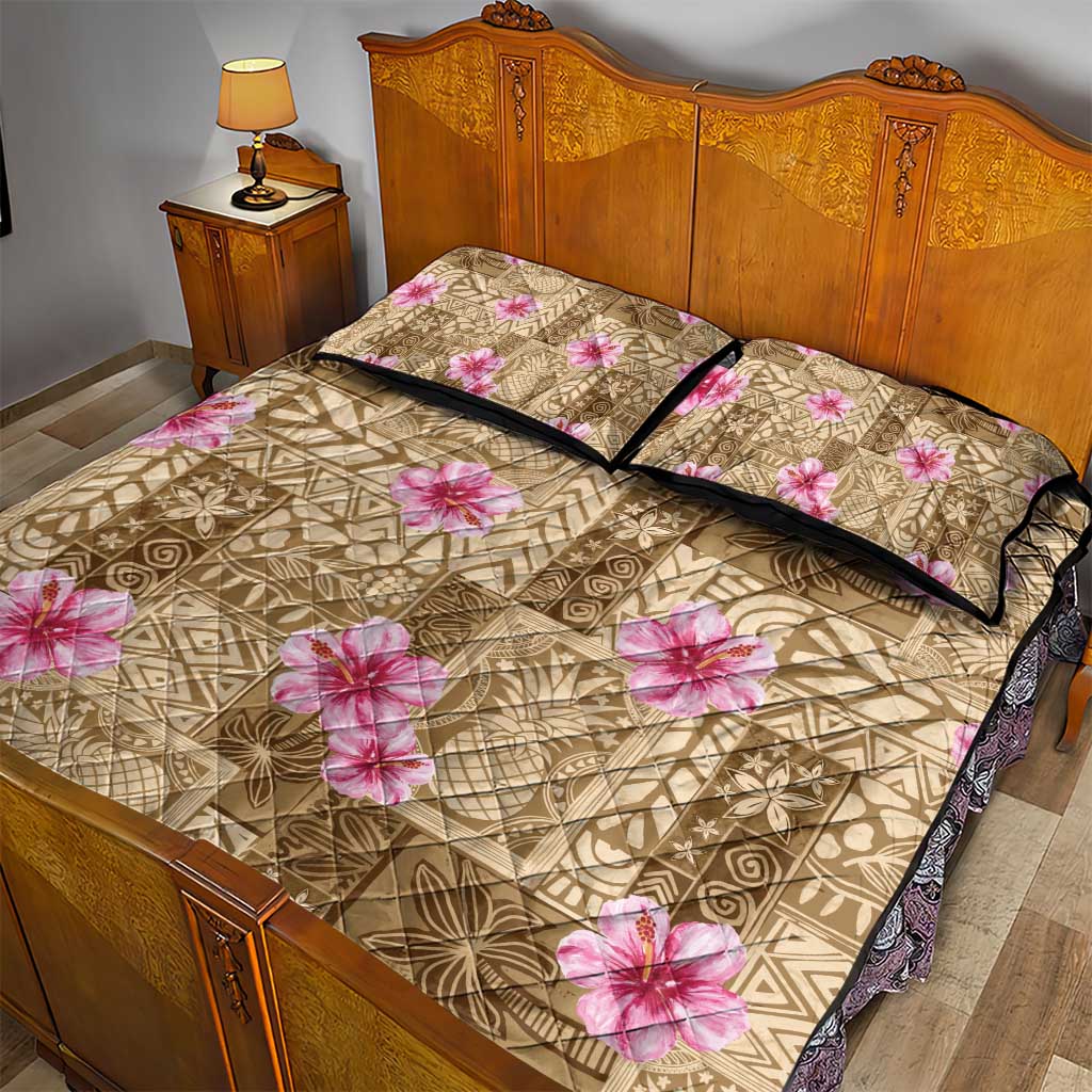 Beige Hawaii Hibiscus With Tropical Flowers Motifs Quilt Bed Set - Polynesian Pride