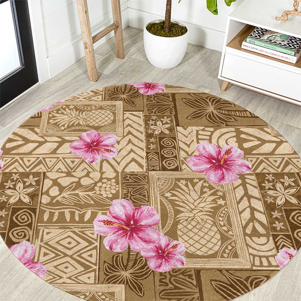 Beige Hawaii Hibiscus With Tropical Flowers Motifs Round Carpet - Polynesian Pride