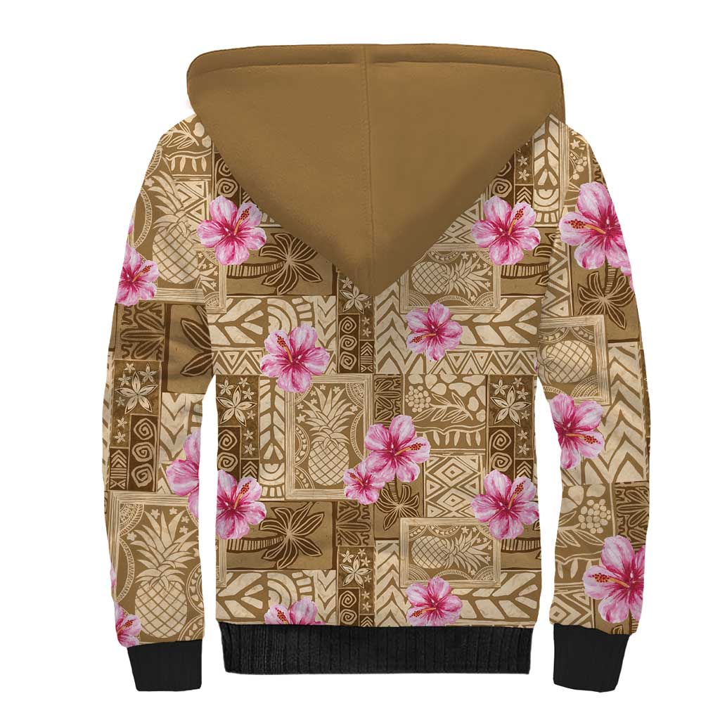 Beige Hawaii Hibiscus With Tropical Flowers Motifs Sherpa Hoodie - Polynesian Pride