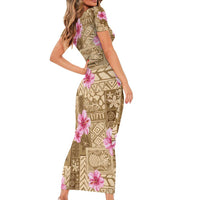 Beige Hawaii Hibiscus With Tropical Flowers Motifs Short Sleeve Bodycon Dress - Polynesian Pride