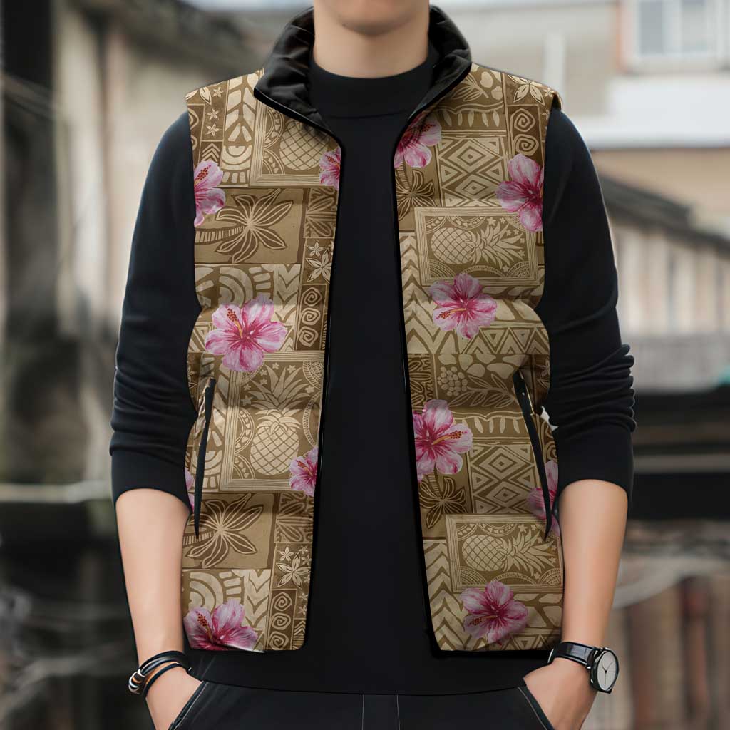 Beige Hawaii Hibiscus With Tropical Flowers Motifs Sleeveless Puffer Jacket - Polynesian Pride