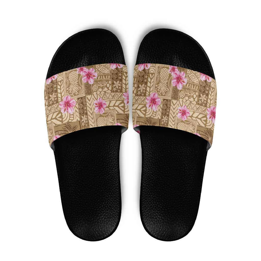Beige Hawaii Hibiscus With Tropical Flowers Motifs Slide Sandals - Polynesian Pride