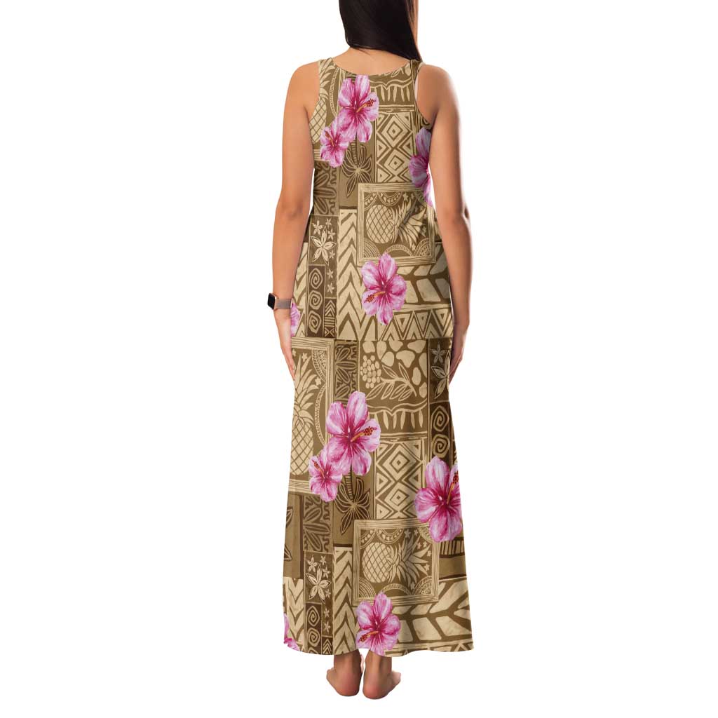 Beige Hawaii Hibiscus With Tropical Flowers Motifs Tank Maxi Dress - Polynesian Pride