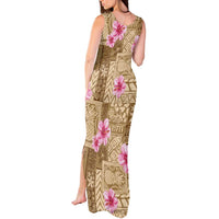 Beige Hawaii Hibiscus With Tropical Flowers Motifs Tank Maxi Dress - Polynesian Pride