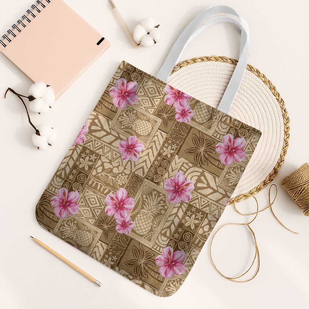 Beige Hawaii Hibiscus With Tropical Flowers Motifs Tote Bag - Polynesian Pride