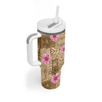 Beige Hawaii Hibiscus With Tropical Flowers Motifs Tumbler With Handle - Polynesian Pride