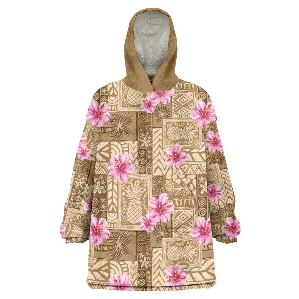 Beige Hawaii Hibiscus With Tropical Flowers Motifs Wearable Blanket Hoodie - Polynesian Pride