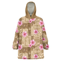 Beige Hawaii Hibiscus With Tropical Flowers Motifs Wearable Blanket Hoodie - Polynesian Pride