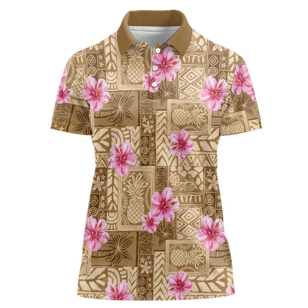 Beige Hawaii Hibiscus With Tropical Flowers Motifs Women Polo Shirt - Polynesian Pride