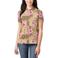 Beige Hawaii Hibiscus With Tropical Flowers Motifs Women Polo Shirt - Polynesian Pride