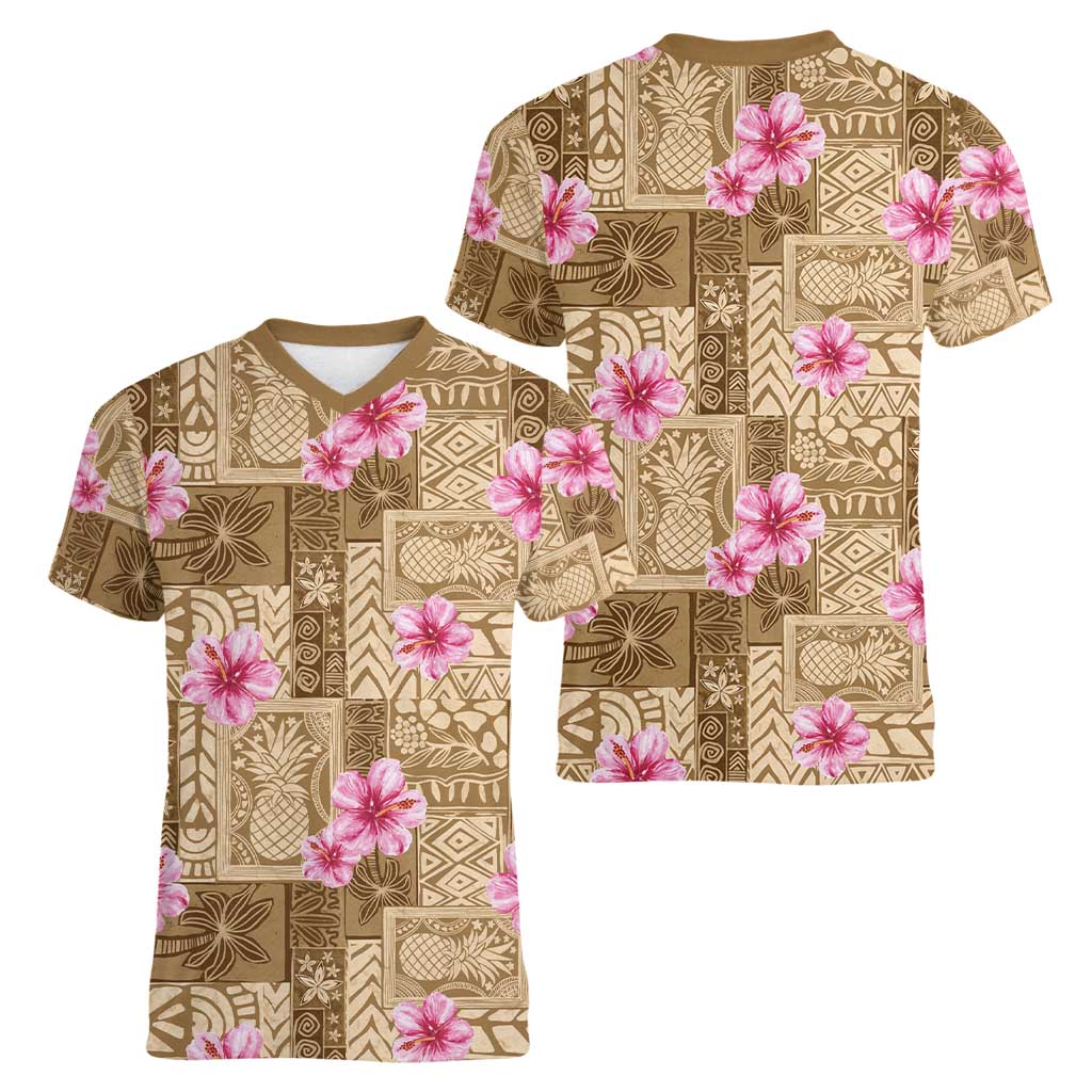 Beige Hawaii Hibiscus With Tropical Flowers Motifs Women V-Neck T-Shirt - Polynesian Pride