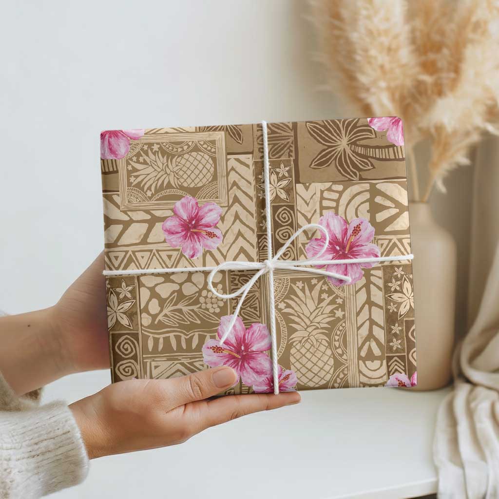 Beige Hawaii Hibiscus With Tropical Flowers Motifs Wrapping Paper - Polynesian Pride