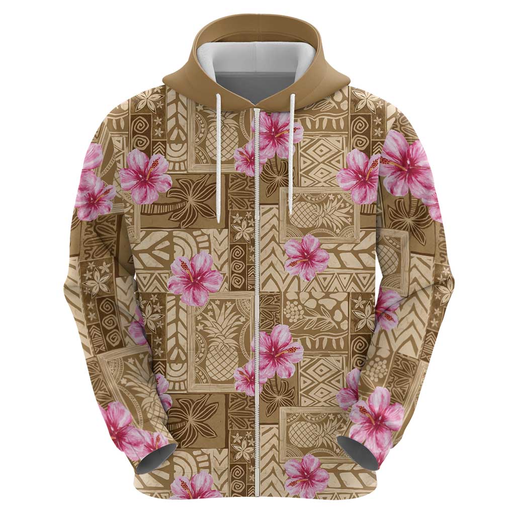 Beige Hawaii Hibiscus With Tropical Flowers Motifs Zip Hoodie - Polynesian Pride
