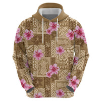 Beige Hawaii Hibiscus With Tropical Flowers Motifs Zip Hoodie - Polynesian Pride