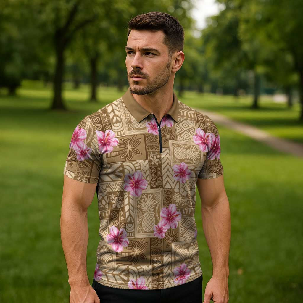 Beige Hawaii Hibiscus With Tropical Flowers Motifs Zipper Polo Shirt - Polynesian Pride