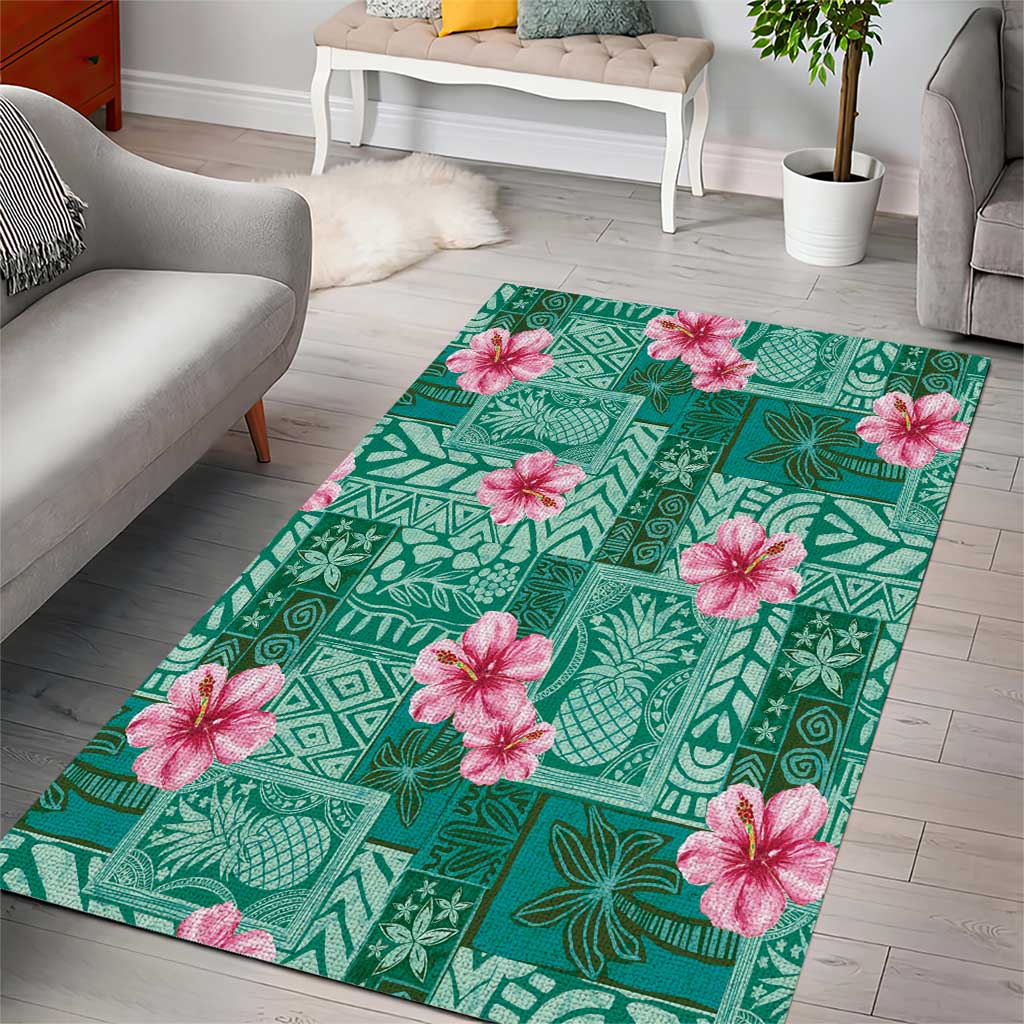 Cyan Hawaii Hibiscus With Tropical Flowers Motifs Area Rug - Polynesian Pride