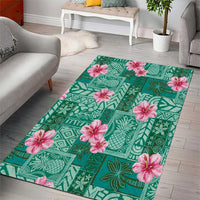 Cyan Hawaii Hibiscus With Tropical Flowers Motifs Area Rug - Polynesian Pride