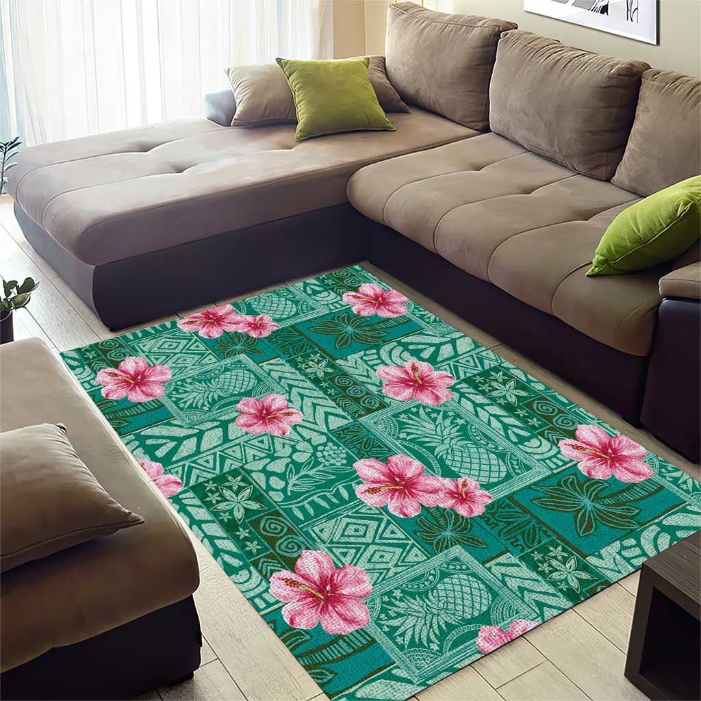 Cyan Hawaii Hibiscus With Tropical Flowers Motifs Area Rug - Polynesian Pride