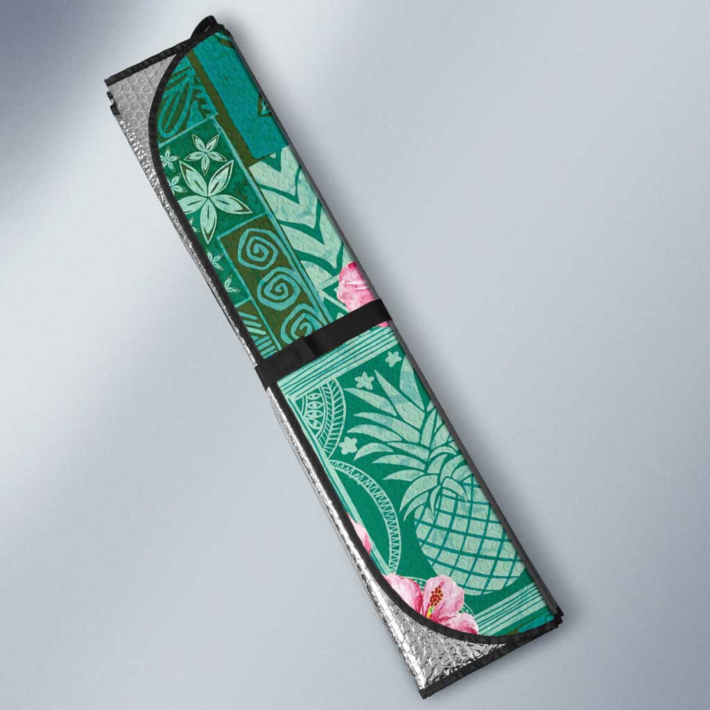 Cyan Hawaii Hibiscus With Tropical Flowers Motifs Auto Sun Shade - Polynesian Pride