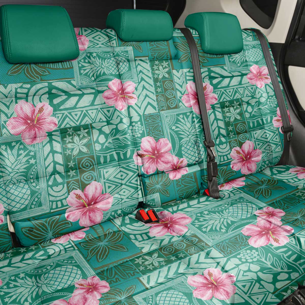 Cyan Hawaii Hibiscus With Tropical Flowers Motifs Back Car Seat Cover - Polynesian Pride