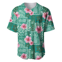 Cyan Hawaii Hibiscus With Tropical Flowers Motifs Baseball Jersey - Polynesian Pride