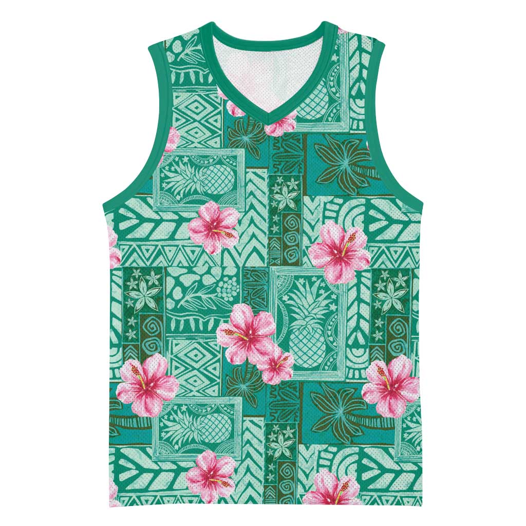 Cyan Hawaii Hibiscus With Tropical Flowers Motifs Basketball Jersey - Polynesian Pride