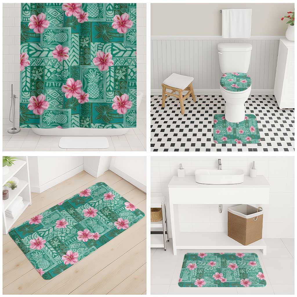 Cyan Hawaii Hibiscus With Tropical Flowers Motifs Bathroom Set - Polynesian Pride