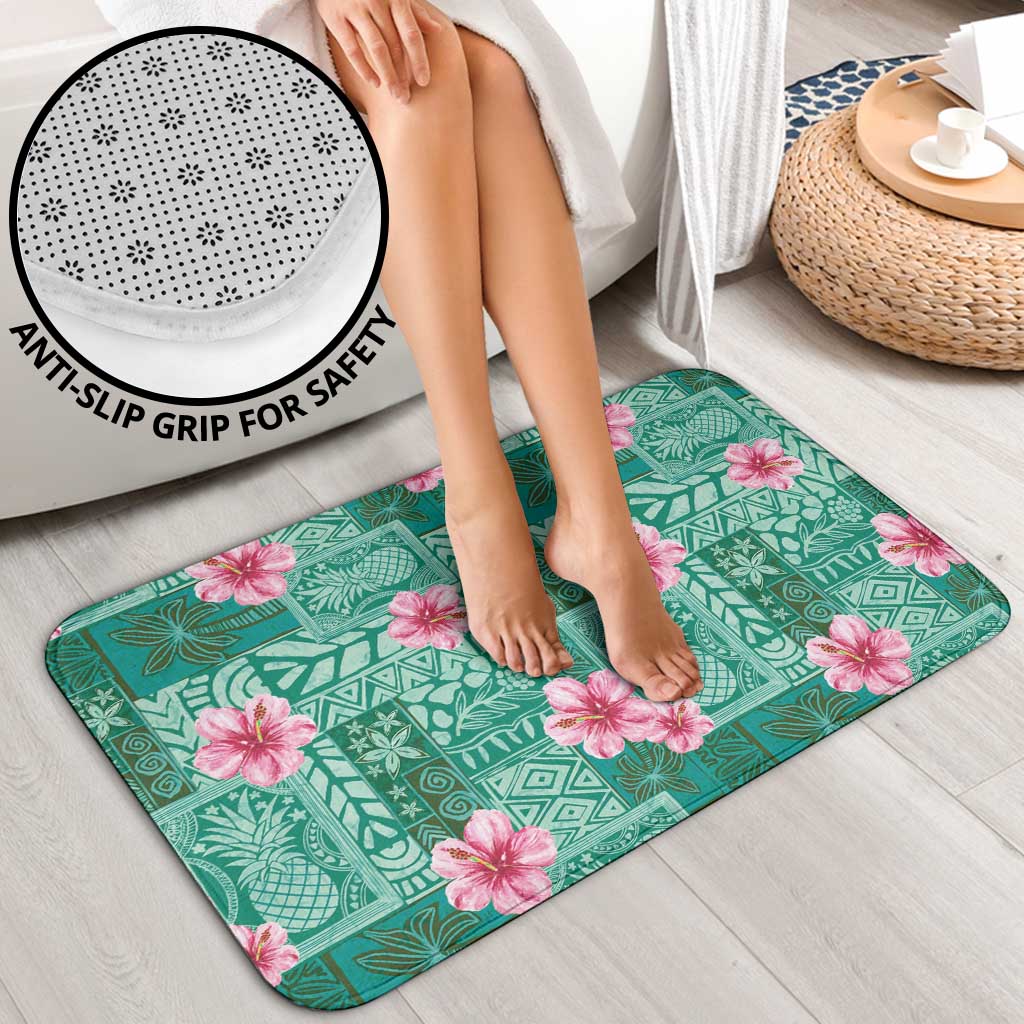 Cyan Hawaii Hibiscus With Tropical Flowers Motifs Bathroom Set - Polynesian Pride