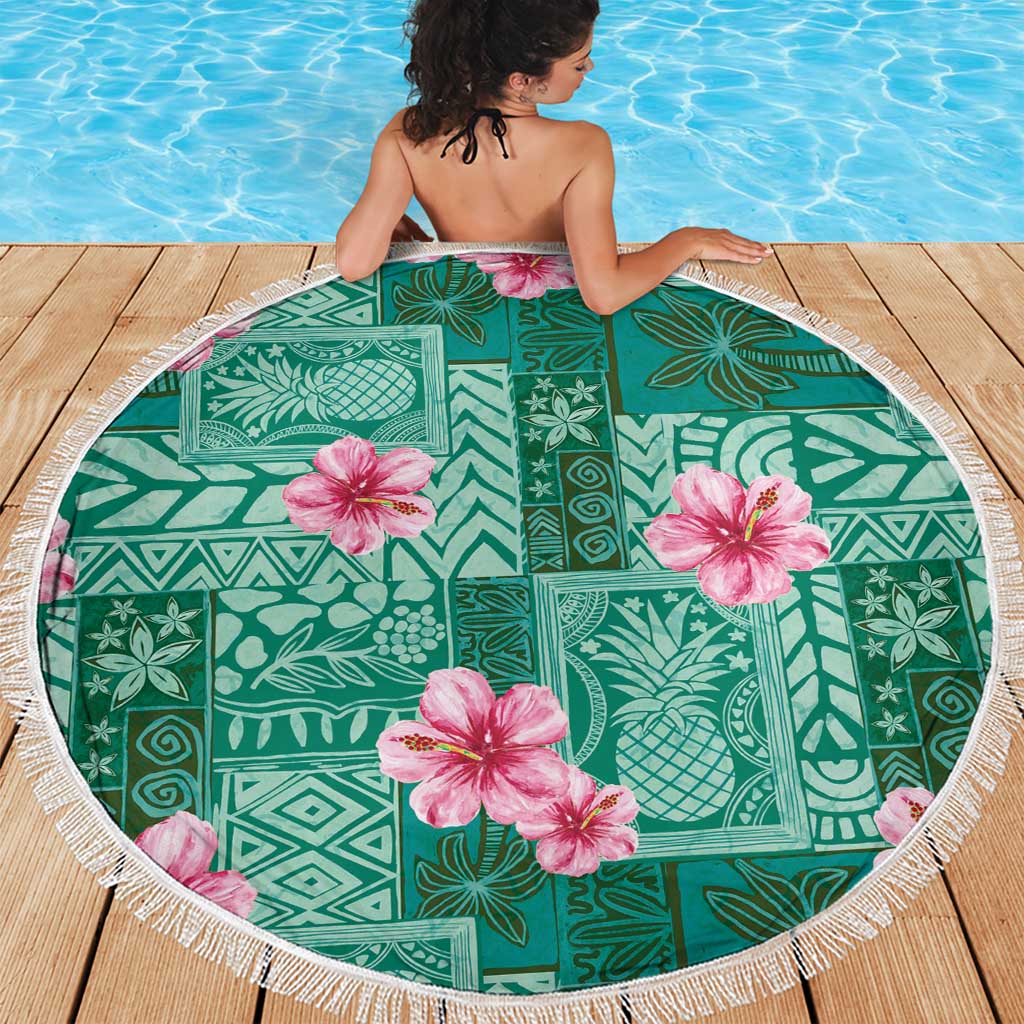 Cyan Hawaii Hibiscus With Tropical Flowers Motifs Beach Blanket - Polynesian Pride