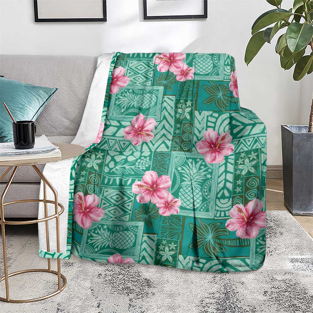 Cyan Hawaii Hibiscus With Tropical Flowers Motifs Blanket - Polynesian Pride