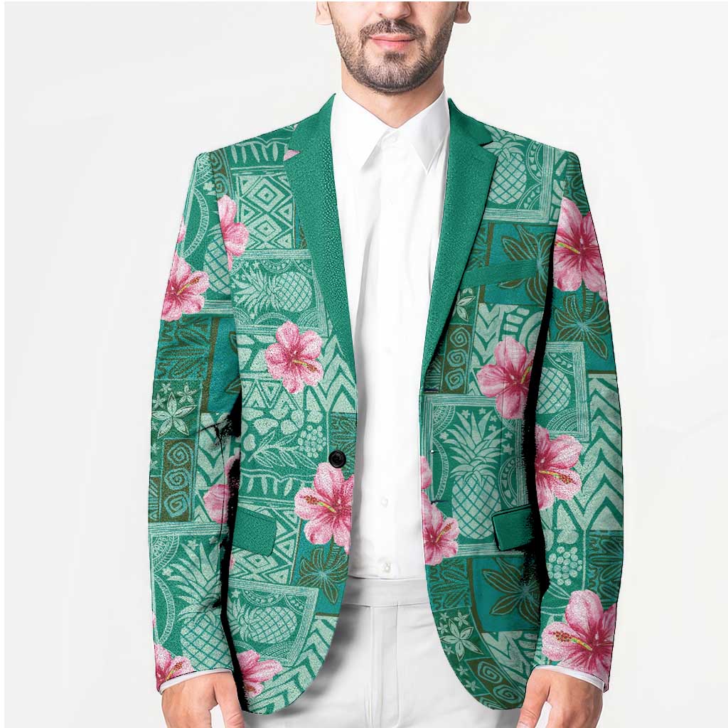 Cyan Hawaii Hibiscus With Tropical Flowers Motifs Blazer - Polynesian Pride
