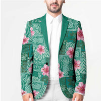 Cyan Hawaii Hibiscus With Tropical Flowers Motifs Blazer - Polynesian Pride