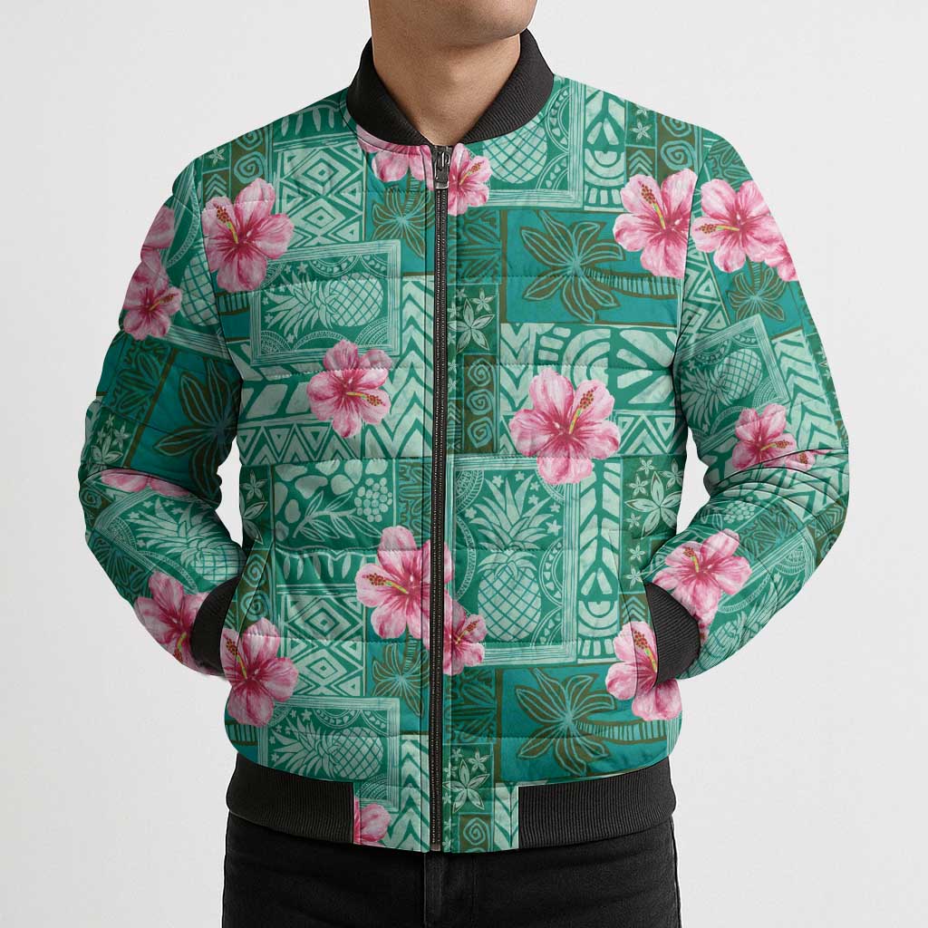 Cyan Hawaii Hibiscus With Tropical Flowers Motifs Bomber Puffer Jacket - Polynesian Pride