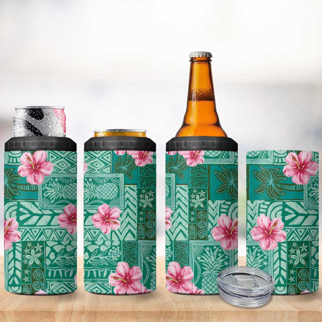 Cyan Hawaii Hibiscus With Tropical Flowers Motifs 4 in 1 Can Cooler Tumbler - Polynesian Pride