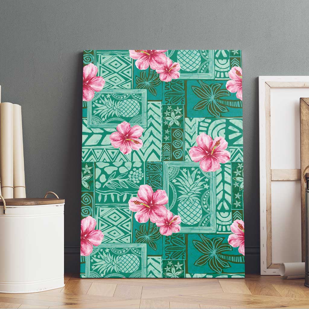 Cyan Hawaii Hibiscus With Tropical Flowers Motifs Canvas Wall Art - Polynesian Pride