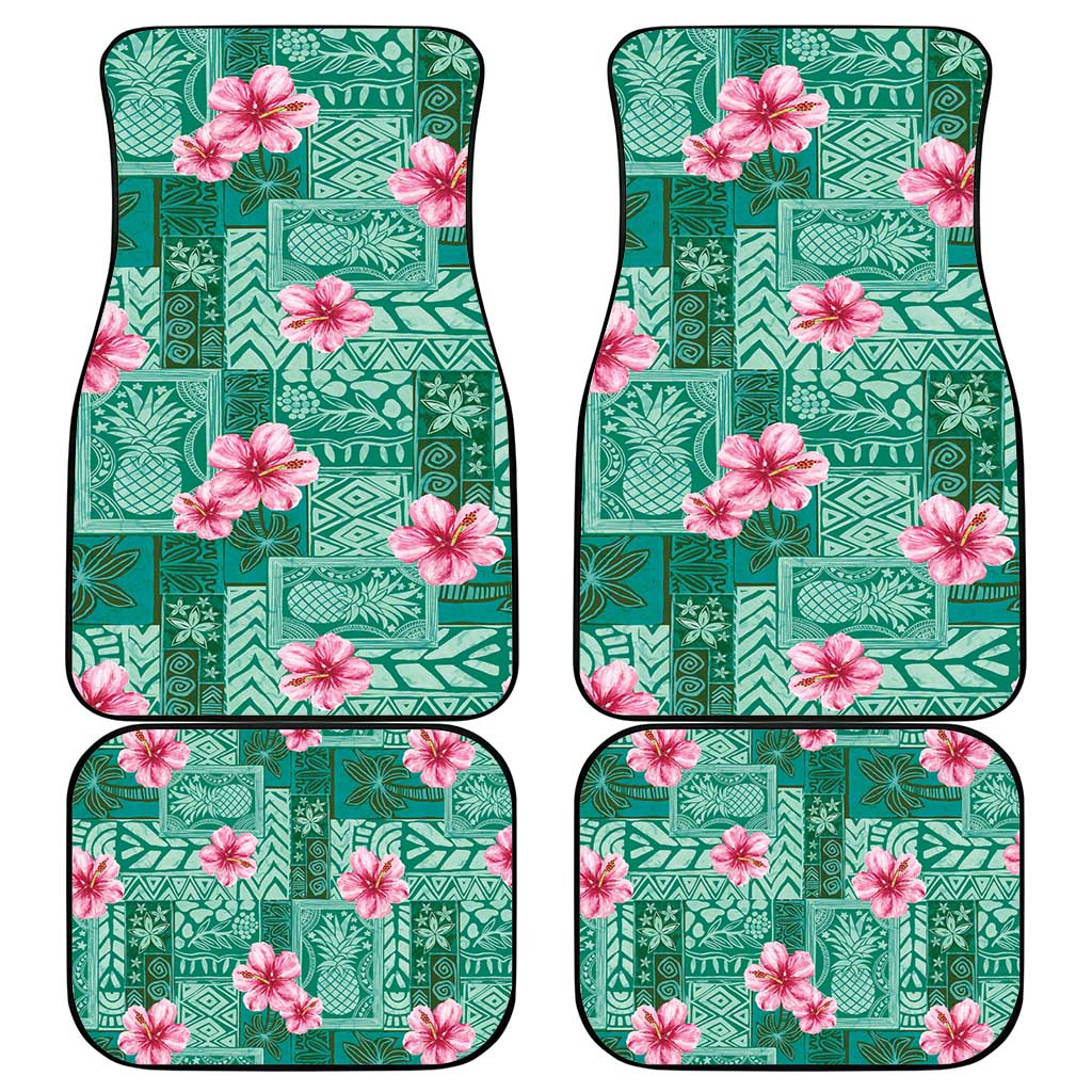 Cyan Hawaii Hibiscus With Tropical Flowers Motifs Car Mats - Polynesian Pride