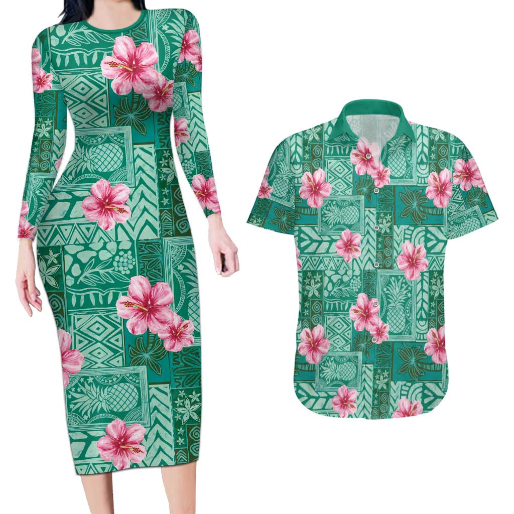 Cyan Hawaii Hibiscus With Tropical Flowers Motifs Couples Matching Long Sleeve Bodycon Dress and Hawaiian Shirt - Polynesian Pride