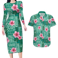 Cyan Hawaii Hibiscus With Tropical Flowers Motifs Couples Matching Long Sleeve Bodycon Dress and Hawaiian Shirt - Polynesian Pride