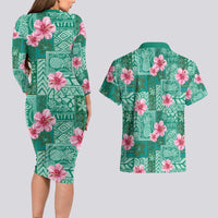Cyan Hawaii Hibiscus With Tropical Flowers Motifs Couples Matching Long Sleeve Bodycon Dress and Hawaiian Shirt - Polynesian Pride
