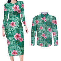 Cyan Hawaii Hibiscus With Tropical Flowers Motifs Couples Matching Long Sleeve Bodycon Dress and Long Sleeve Button Shirt - Polynesian Pride