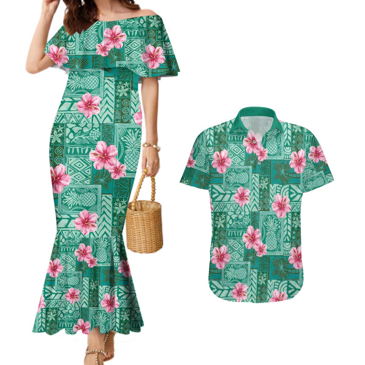 Cyan Hawaii Hibiscus With Tropical Flowers Motifs Couples Matching Mermaid Dress and Hawaiian Shirt - Polynesian Pride